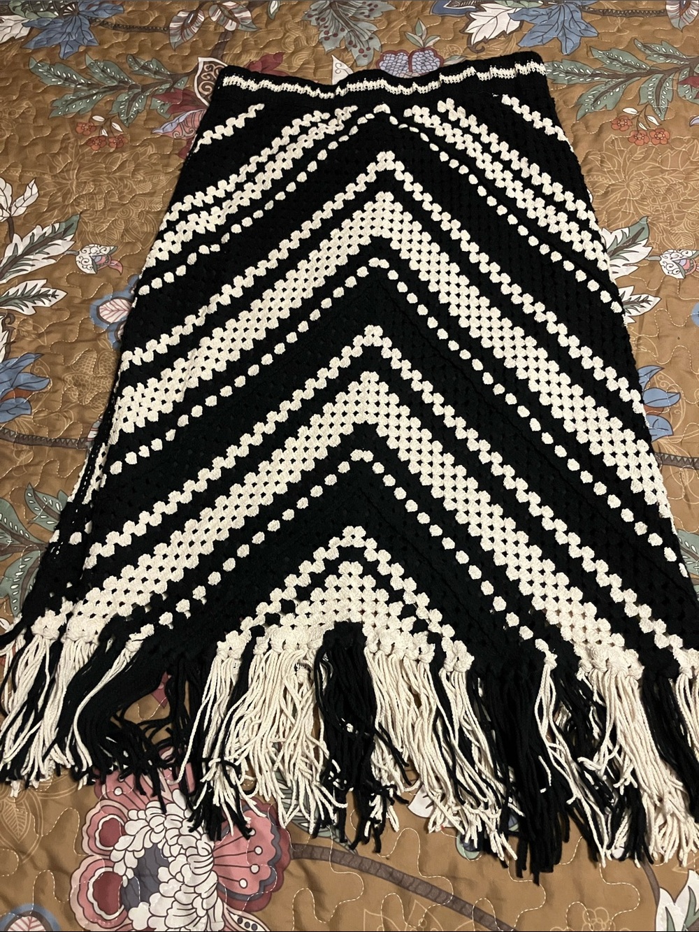 Ultra Pink Black & White Chevron Crochet Fringe Pencil Skirt